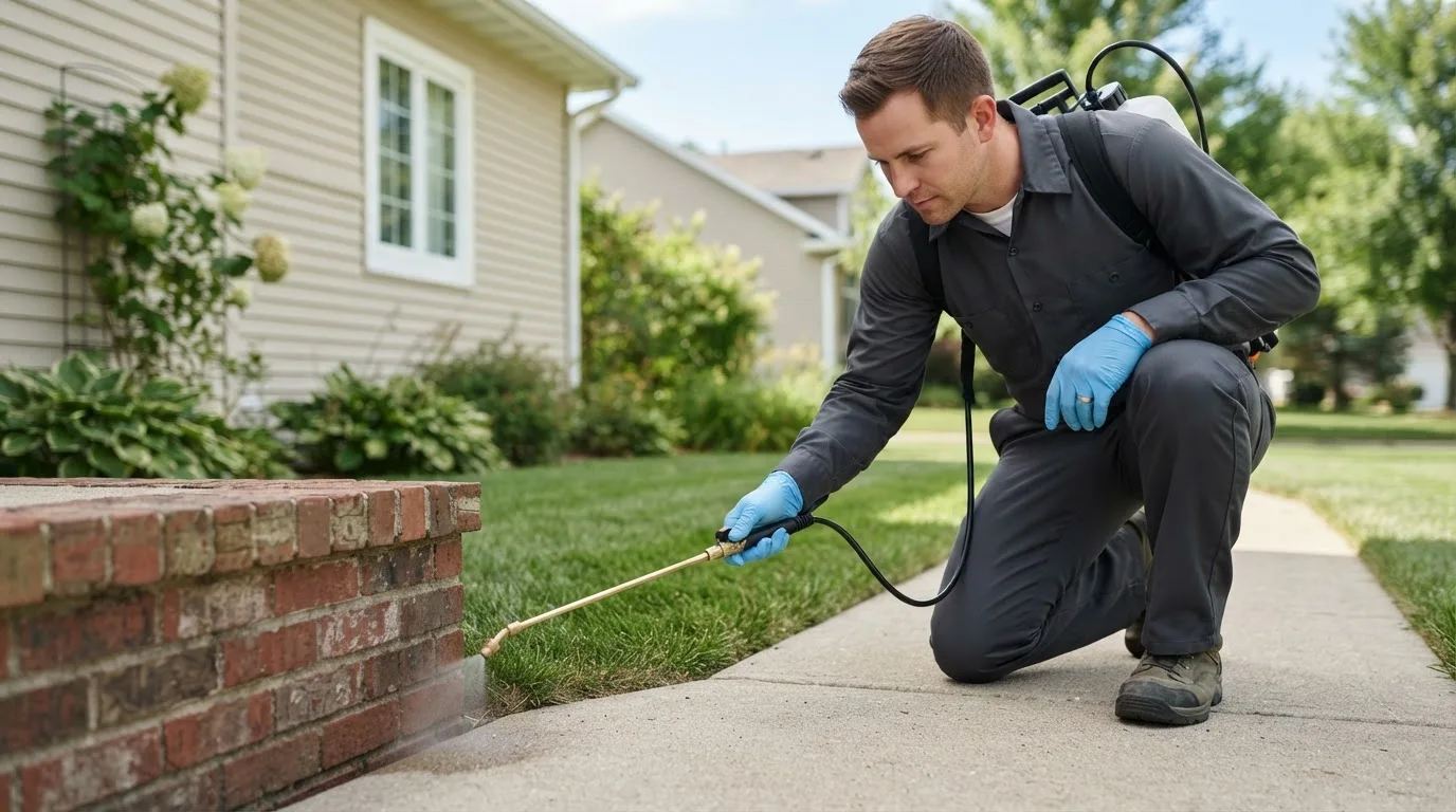 Pest control technician treating a home near Erhard, MN