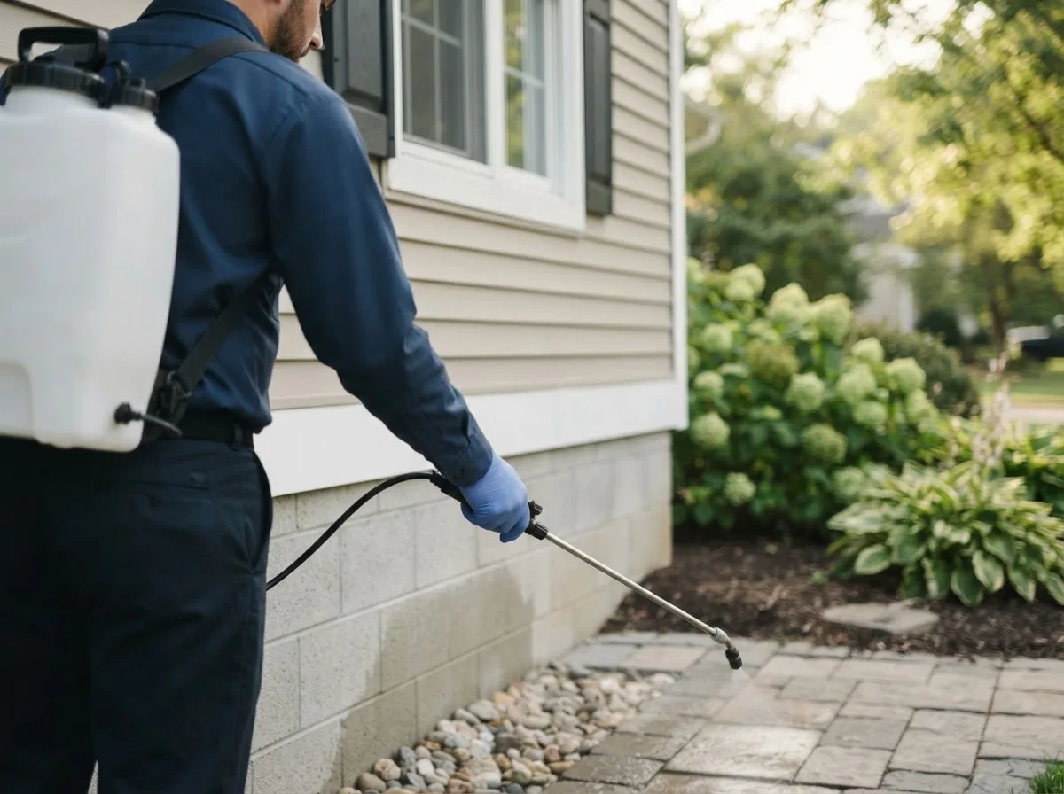 Pest control technician inspecting a home in Erhard, MN
